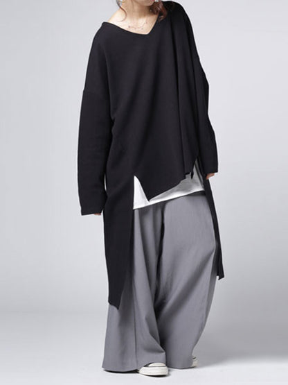 Casual Loose Solid Color Split-Side High-Low V-Neck Long Sleeves Sweatshirt