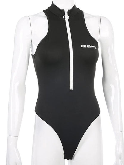 Sexy Letter Printed Zipper Sports Bodysuits