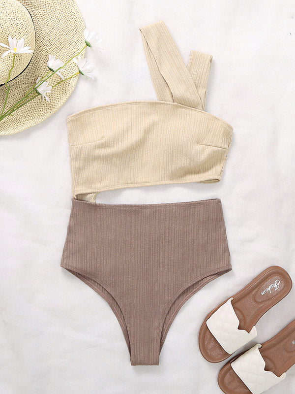 One-Shoulder Belly-Hollow Ribbed Split-Joint One-Piece Swimwear