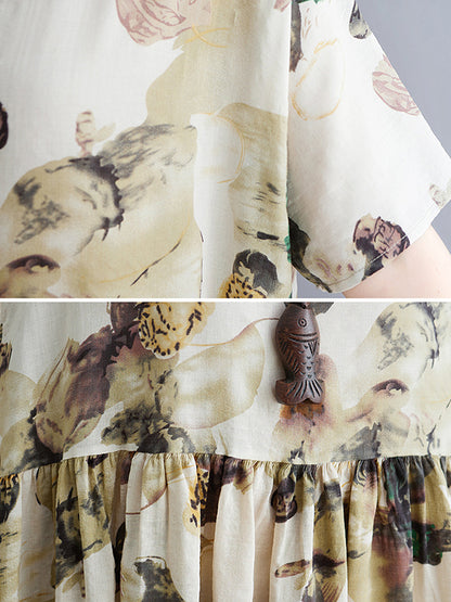 Original Artistic Retro Loose Pleated Floral Printed Midi Dress
