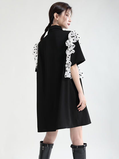 Stylish Irregular Split-Joint Polka-Dot Mesh Falbala Buttoned Lapel Collar Half Sleeves Mini Dress