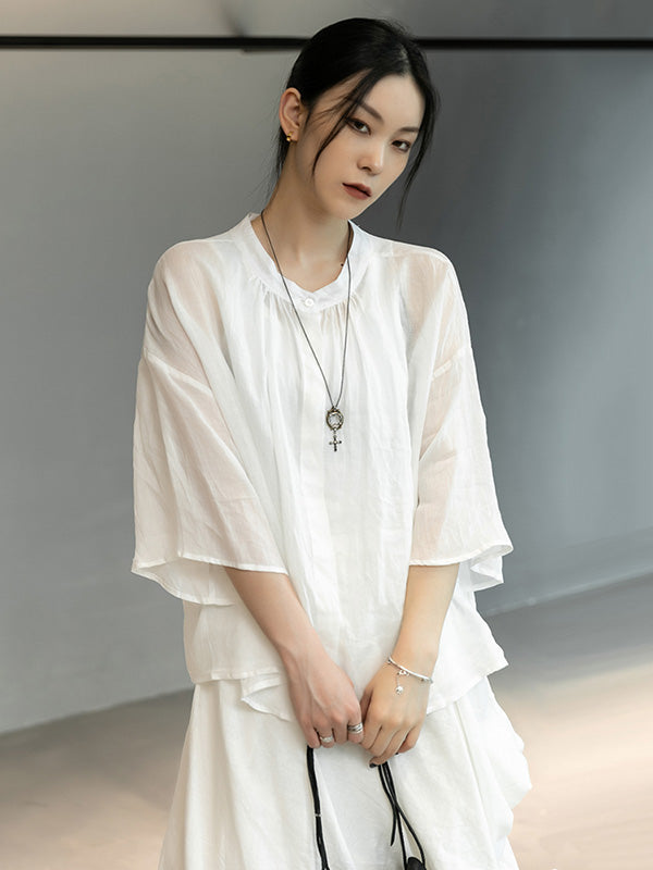 Linen Black&White Round-Neck Flared Sleeves T-Shirt