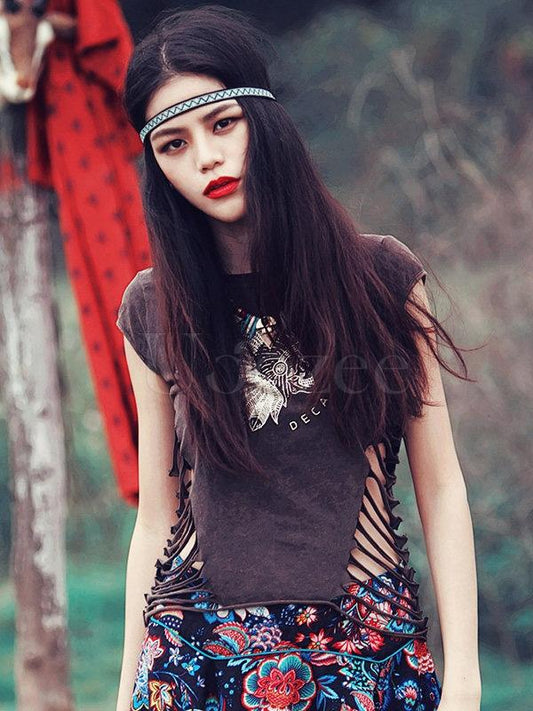 Retro Floral Printed Hollow T-shirt