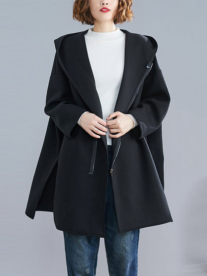Casual Loose Solid Color Zipper Hooded Batwing Sleeves Outwear