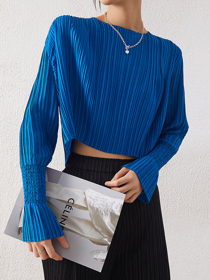Loose Flared Sleeves Pleated Solid Color Round-Neck T-Shirts Tops