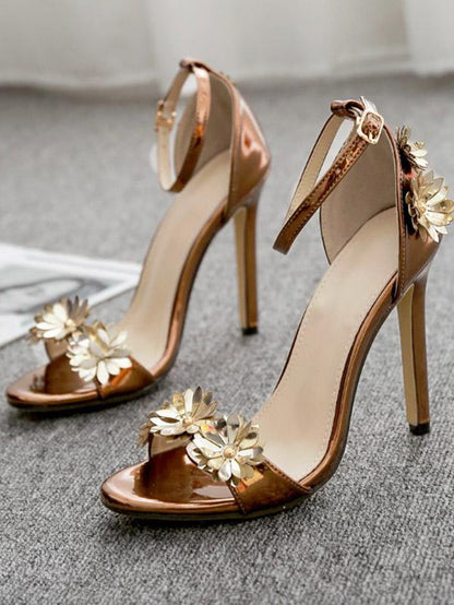 Floral Decorated Ankle Strap Heels Shoes