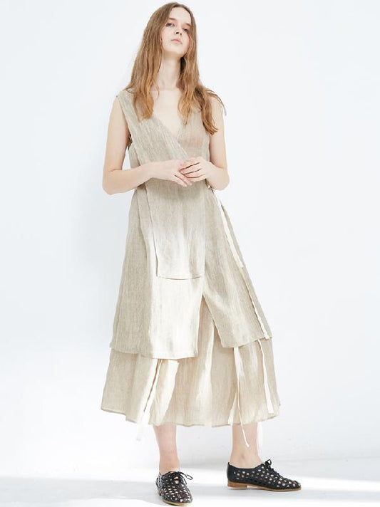 Simple Loose Linen Lace-up Sleeveless Top+Skirt Suits