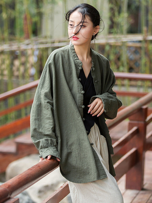 Original Artistic Retro Loose Solid Color Ramie Cotton Blouse Outwear