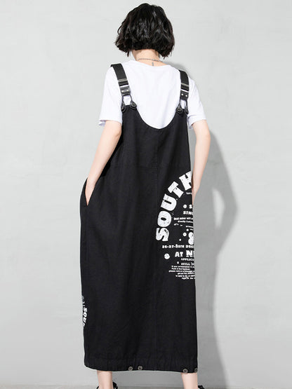 Casual Loose Letter Printed Drawstring Midi Dress