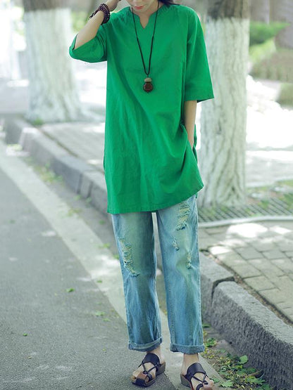 Simple Ramie Cotton V-neck Tops