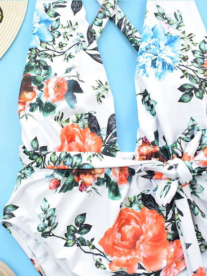 Flower Printed Tie One-piece Swimsuit