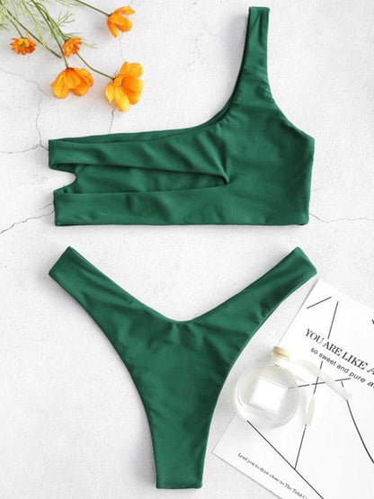 One Shoulder Plain Hollow Bikini Set