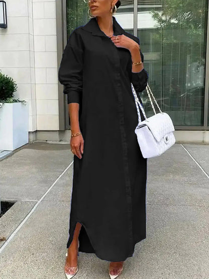 Simple Loose Solid Color Long Sleeves Maxi Dress Shirt Dress