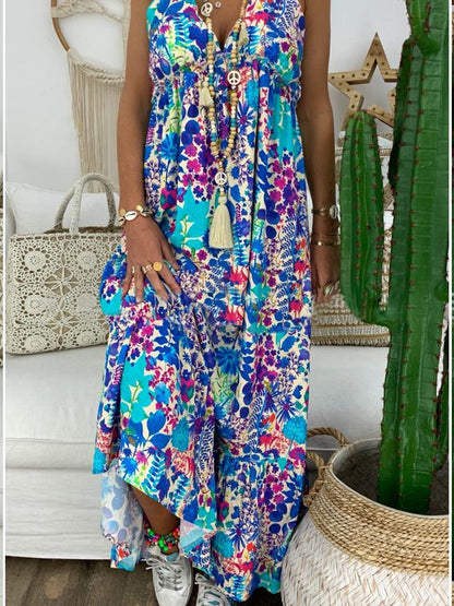 Beach V-neck Printed Spaghetti-neck Maxi Dress
