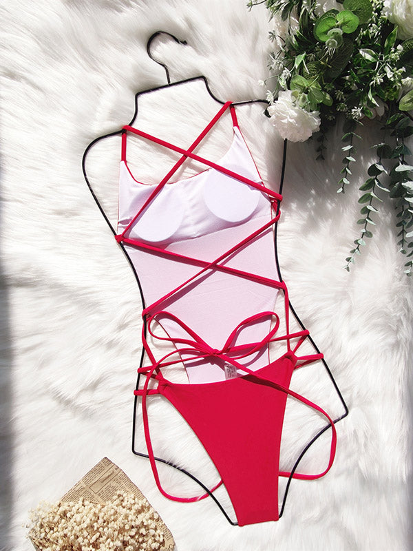 Sexy Solid Color Backless Bandage One-Piece Swimwear