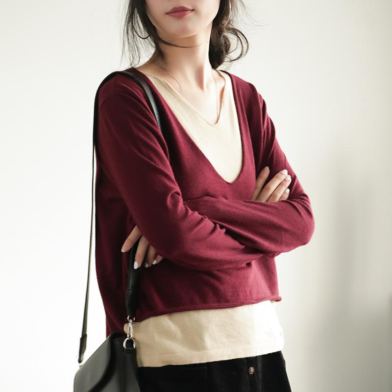 Buykud Solid Color Spliced Fake Two-piece Blouse