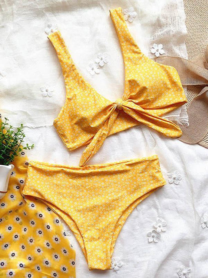Floral-Print Knotted V-Neck Split Bikini Swimsuit