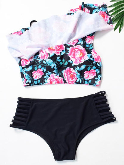 Sexy Single Shoulder Falbala Printed Tankini