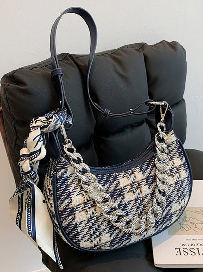 Original Chic Plaid With Chain&Scarf Zipper Canvas Shoulder Bag