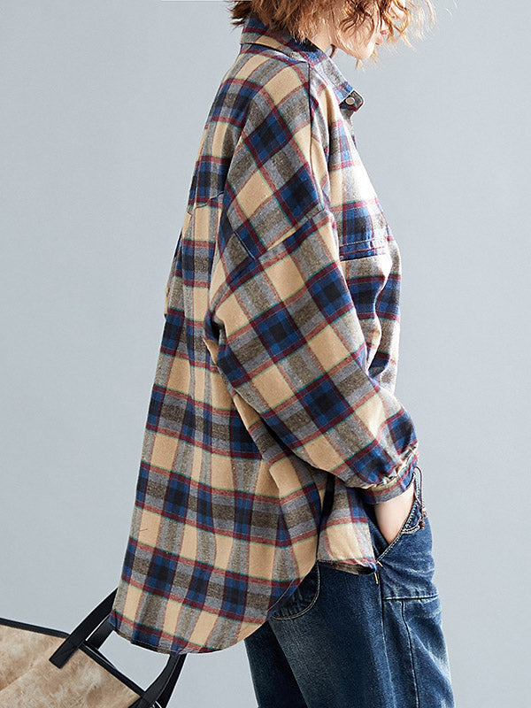 Artistic Retro Plaid Buttoned Lapel Collar Long Sleeves Blouse