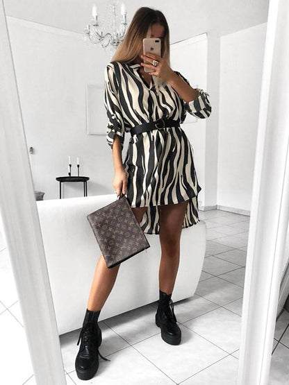 V-neck Long Sleeves Printed Shirt Mini Dresses