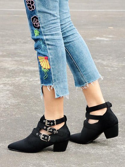 Vintage Hollow Buckle Pointed Booties