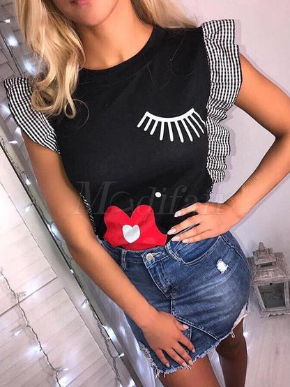 Cartoon Floral Printed Falbala Sleeves T-shirt