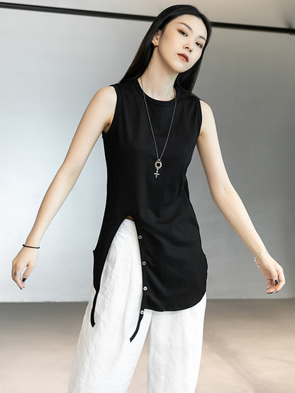 Simple Black&White Split-Side Sleeveless Round-Neck Vest