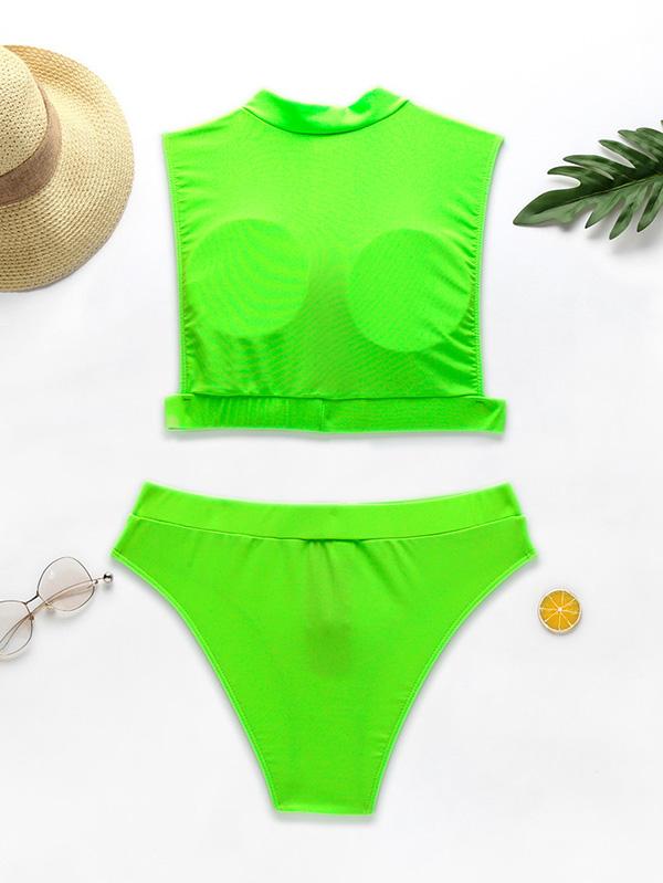 Turtlenecks Zippers Split Bikini Swimsuit