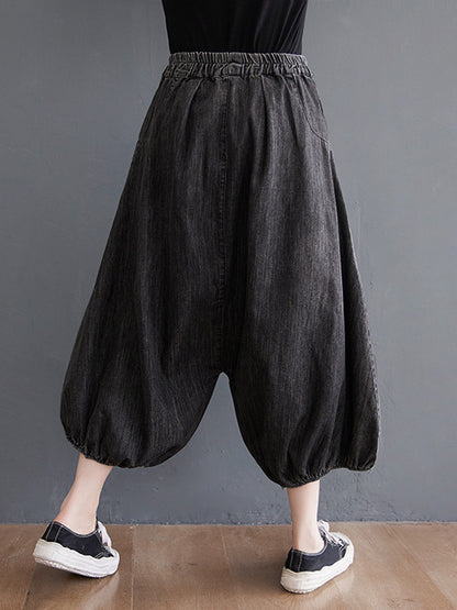 Loose Casual Elasticity High-Waist Wide Legs Jean Pants Knickerbockers