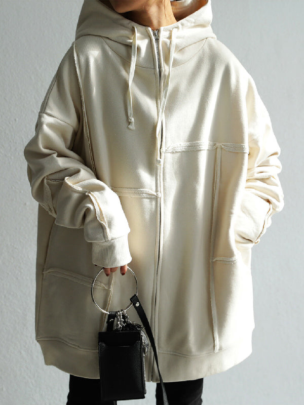 Stylish Loose Split-Joint Asymmetric Drawstring Hooded High-Neck Jacket Outerwear