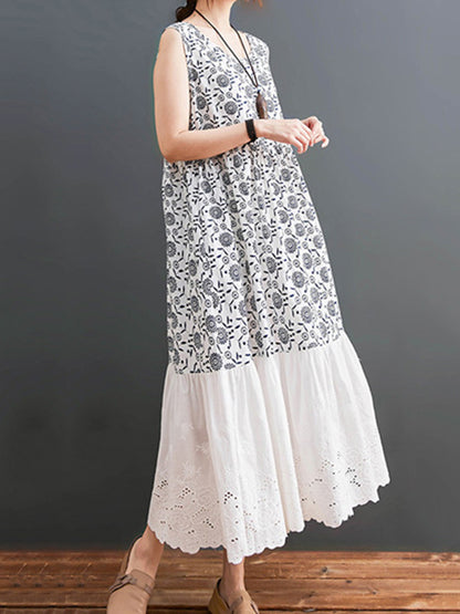 Loose Ramie Cotton National Printed Split-Joint Hollow Pleated Round-Neck Sleeveless Midi Dress