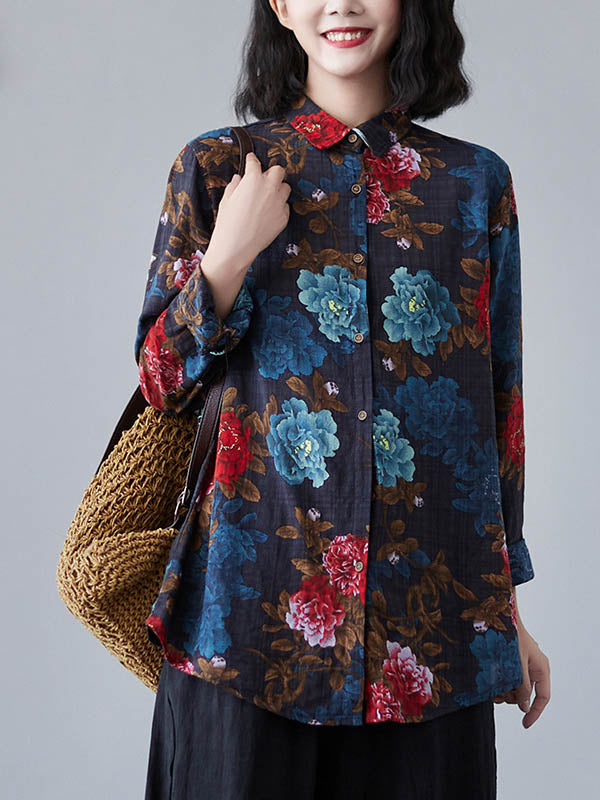 Artistic Retro Floral Printed Buttoned Lapel Collar Long Sleeves Blouse