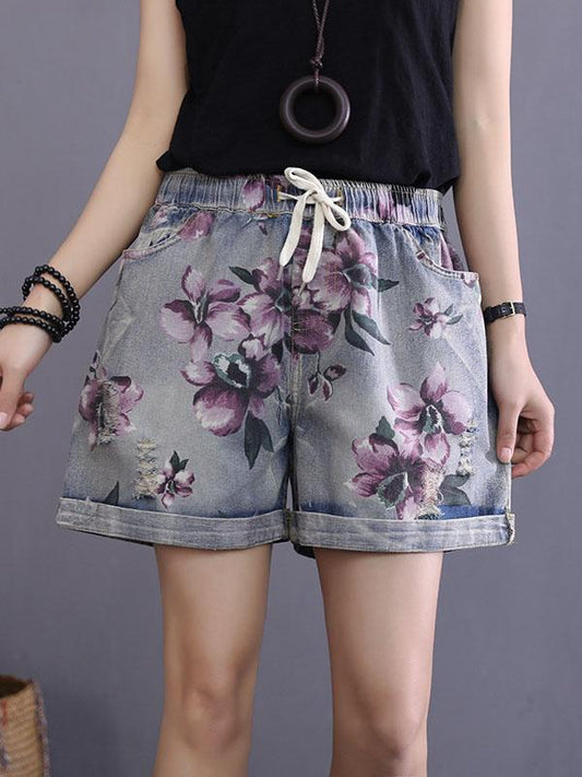 Vintage Loose Printed Elastic Waist Jeans Shorts