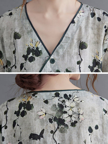 Artistic Retro Loose Tied Floral Printed Pleated V-Neck Short Sleeves Midi Dress