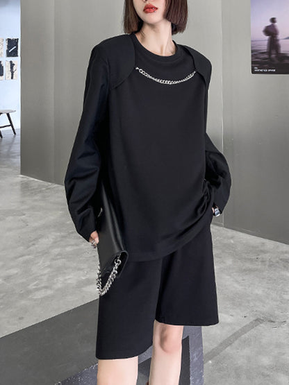 Cool Solid Color Split-Joint With Chain Round-Neck Long Sleeves T-Shirt