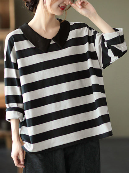 Casual Striped Contrast Color Long Sleeves Doll Collar Loose T-Shirt Tops