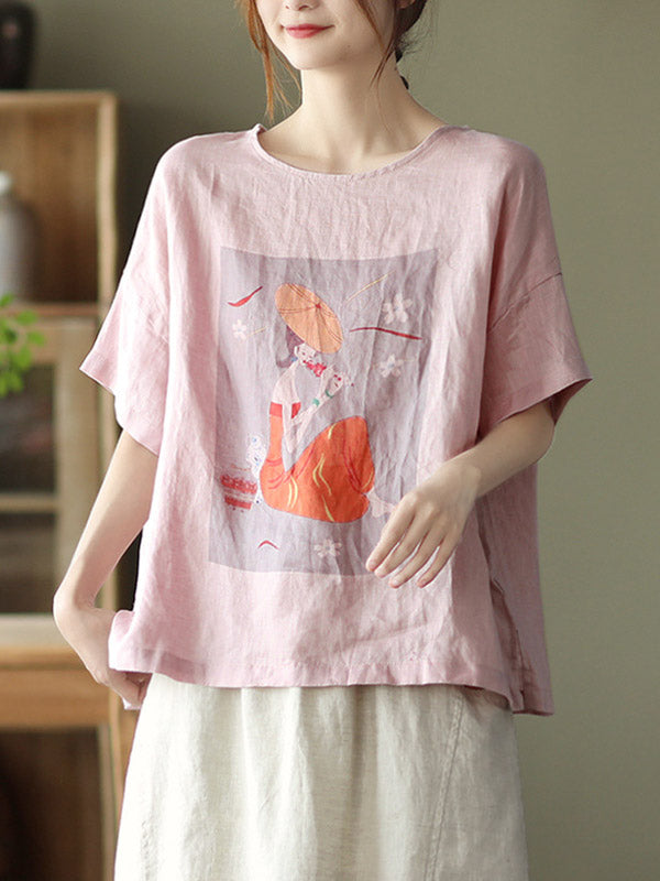 Ramie Cotton Printing Round-Neck T-Shirts Tops