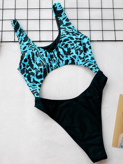 Contrast Hollow Leopard One Piece Swimsuit