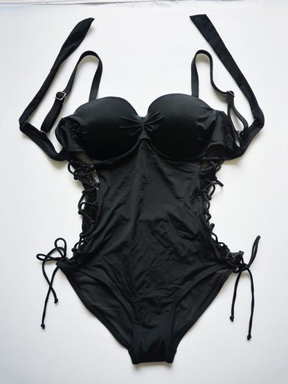 Plain Lace-up One-piece Swimwear
