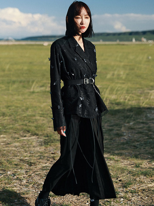 Stylish Mesh Butterfly Embroidered Notched Collar Long Sleeves Outwear