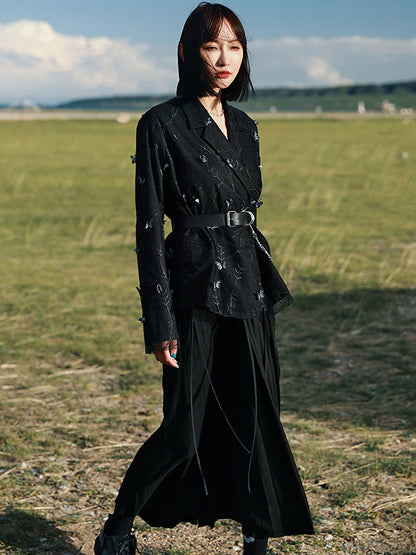 Stylish Mesh Butterfly Embroidered Notched Collar Long Sleeves Outwear