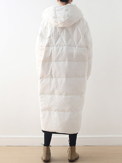 Simple White Duck Down Over Knee Solid Color Zipper Hooded Down Wear Coat