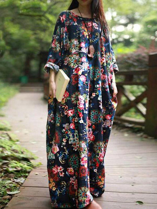 Autumn Loose Flower Print Maxi Dress