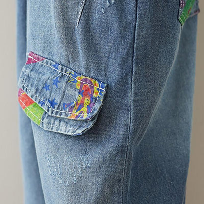 Buykud Printed Frayed Casual Loose Denim Jumpsuit