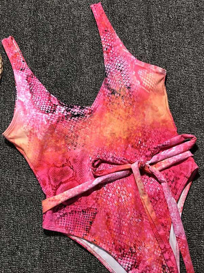 Lace Up Snakeskin Print One Piece Swimsuit