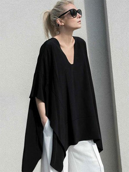Loose V-neck Split-joint Batwing Sleeves T-shirt