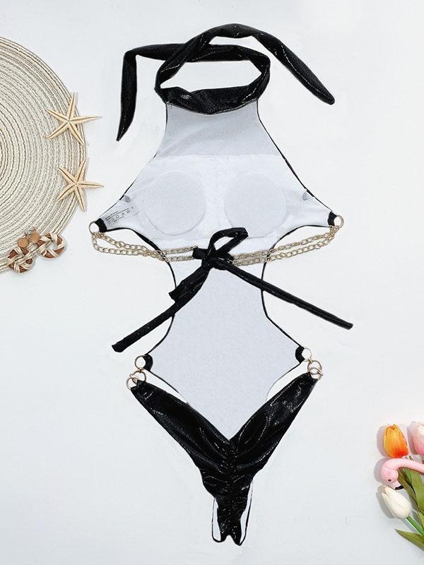 Stand Collar Snake-Print Backless One-Piece Swimwear