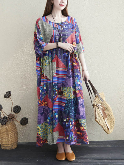 Loose Floral Printed Pleated Round-Neck Half Sleeves Midi Dress