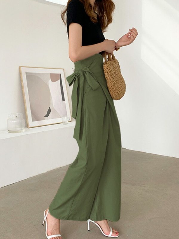 Simple 9 Colors Ramie Cotton Tied High-Waisted Pants